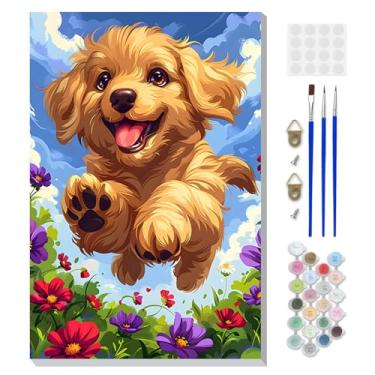Imagem de DOMROM Kit de pintura animal por números para adultos iniciantes com cavalete de madeira, kit de pintura de cachorro DIY por número em tela, kits de pintura a óleo DIY para decoração de parede de casa