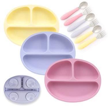 Imagem de Elk and Friends Pratos de sucção de silicone para bebês e crianças pequenas, conjunto de alimentação de talheres de aço inoxidável, prato dividido com design de ventosa, garfos e colheres incluídos