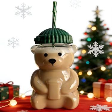 Imagem de Child interest Copo de palha de urso verde 2026, copo de vidro de urso fofo de 590 ml com canudo reutilizável - design de animal viral para vitaminas, boba e café gelado