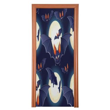 Imagem de Qilmy Decoração de capa de porta de Halloween 91 x 248 cm tecido grande placa de decoração de festa de Halloween para porta da frente Halloween morcego varanda decoração externa janela parede 174