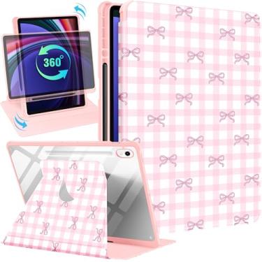 Imagem de Uppuppy Capa inteligente para Samsung Galaxy Tab S9/S9 FE/S10/S10 FE/S10 Lite de 11 polegadas - suporte giratório de 360 graus com suporte para lápis para mulheres e meninas, laço quadriculado para