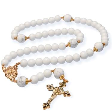 Imagem de Sinai Rosaries Terço de oração católica com contas de pedra preciosa de mármore branco, crucifixo de latão dourado e medalha