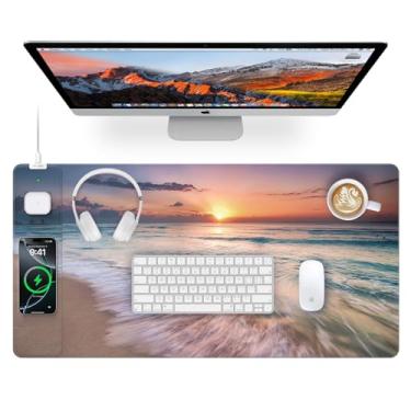 Imagem de Mouse pad de carregamento sem fio, tapete grande de mesa de jogos de 80 x 40 cm para teclado/laptop, superfície ultra suave à prova d'água, base antiderrapante, pôr do sol na praia