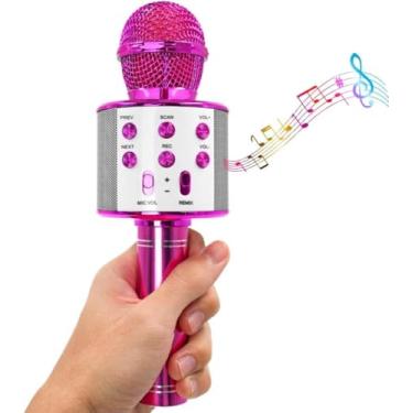 Imagem de Microfone e Caixa de Som Portátil Sem Fio – Ideal para Karaokê, Música e Chamadas – Possui Rádio e Entrada para Cartão de Memória – Leve e Potente (Rosa Pink)