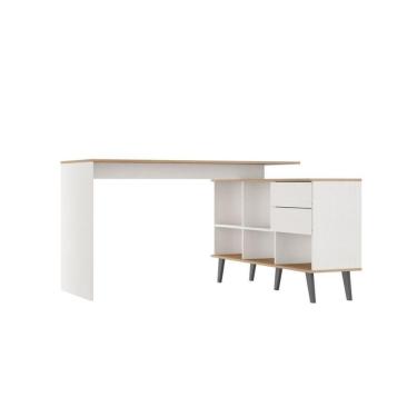 Imagem de Mesa Escrivaninha Com Estante 2 Gavetas Pés Mdp Menu Móveis Branco Carvalho