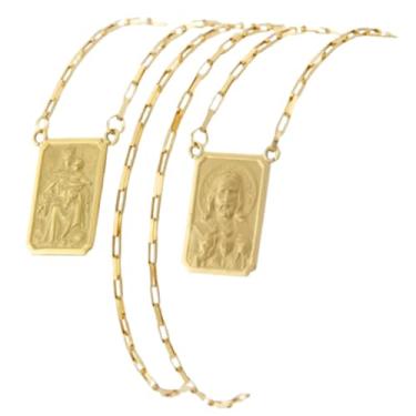 Imagem de Escapulário Tradicional Masculino Tijolinho 1,3mm Ouro 18K 750 Nossa Senhora do Carmo e Sagrado Coração de Jesus Dupla Face 65cm