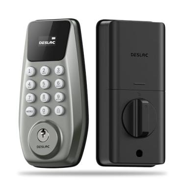 Imagem de DESLOC Fechadura de porta de entrada sem chave C100 com tela, fechadura de teclado com tela, trava automática, 100 códigos PIN, modo de passagem, IP54 à prova d'água, bateria de 12 meses, níquel BHMA