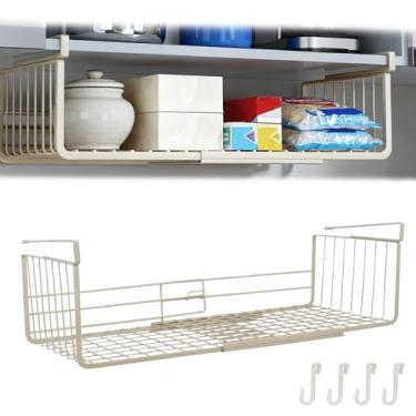 Imagem de WCHOSOZH 2 peças cesta de armazenamento sob a prateleira, organizador de prateleira expansível com 8 ganchos, cestas de suporte de pendurar para armário de cozinha despensa, armazenamento de balcão de