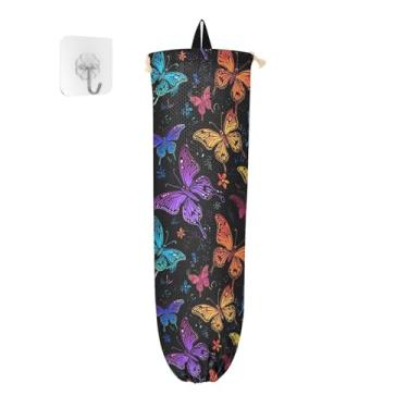Imagem de Dispensador de saco preto com borboletas coloridas para sacolas de compras, suportes de sacolas plásticas, bolsa de armazenamento de parede