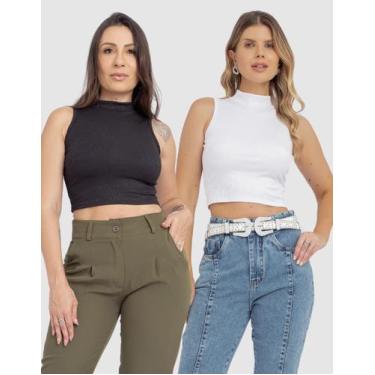Imagem de Kit 2 Cropped Blusa Feminina Canelada Gola Alta Casual Elegante Verão 