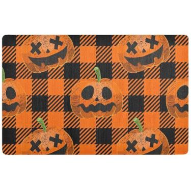 Imagem de TSENQUE Capacho de Halloween personalizado laranja xadrez Halloween fofo tapete de chão impermeável absorvente tapete lamacento grande lavável antiderrapante tapetes para ambientes internos 81 x 50 cm