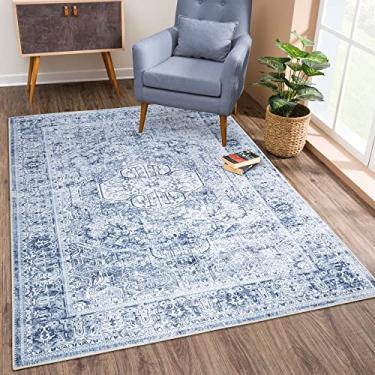Imagem de Bloom Rugs Tapete lavável antiderrapante 1,8 m x 2,5 m - Marfim/Denim Blue Tapete medalhão tradicional para sala de estar, quarto, sala de jantar e cozinha - Tamanho exato: 1,8 x 2,5 m