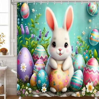 Imagem de Yellawn Cortina de chuveiro de Páscoa, coelhinho, ovos, floral, decoração de banheiro, decorações rústicas, tecido impermeável, lavável na máquina, conjunto com ganchos 182 x 182 cm