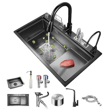 Imagem de Pia de cozinha em cascata, kit de pia familiar de aço inoxidável Flying Rain 304 com torneira de puxar, bacia única para estação de trabalho com acessórios, com suporte de faca (75 cm/29,5 pol, pacote