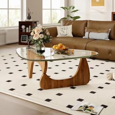 Imagem de Mesas de centro para sala de estar – Mesa de centro de vidro triangular com base de madeira, mesa de canto abstrata moderna de meados do século para sala de estudo, escritório, hotel e varanda