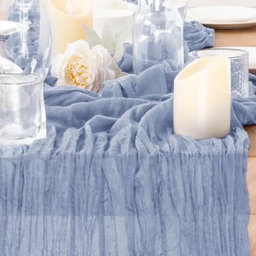 Imagem de Jimtx 12 peças de pano de mesa de gaze azul empoeirado a granel 55,8 cm x 3,5 m toalha de mesa de gaze boho rústica para casamento, bebê, chá de panela, aniversário, verão, decoração de formatura
