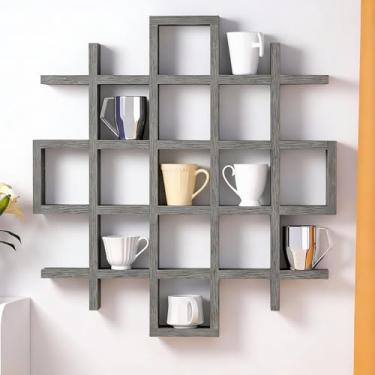 Imagem de Suzile Expositor grande para canecas de café, prateleiras de madeira, prateleira flutuante de madeira rústica para viagem, suporte de caneca de café, prateleira de caixa de sombra (tamanho da grade 13