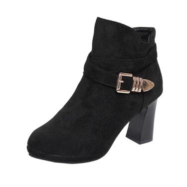 Imagem de Botas femininas modernas, casuais, modernas, de inverno, sólidas, com fivela elegante, salto redondo, salto alto com zíper lateral, Preto, 34