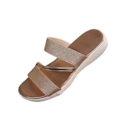 Imagem de Pantufas femininas casuais com design de bico redondo com sola confortável e estilo pronto para a praia, Ouro rosa, 34