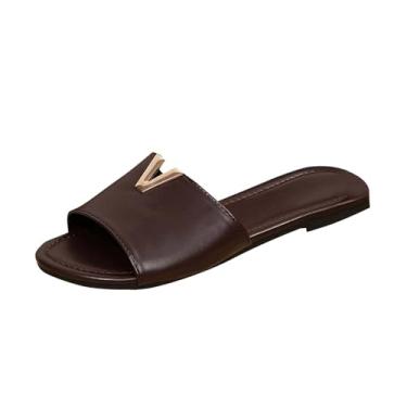 Imagem de Moda Feminina Casual Versátil Fivela em V Enfeite Férias Verão Atraente Requintado Sandálias Planas Abertas Chinelos Femininos Material PU, Vinho vinho, 35