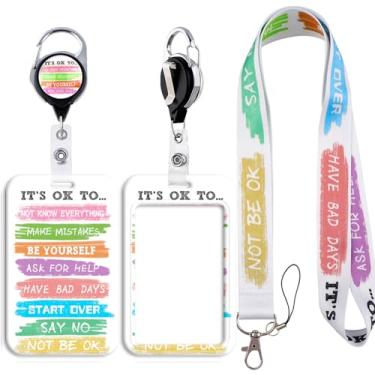 Imagem de Cordão com suporte de crachá de identificação retrátil com slogan "It's OK to..." Cordões para crachás de identificação, chaveiro para chaveiro, mulheres, meninas, escola, professora, enfermeira