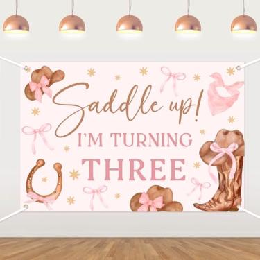 Imagem de Pano de fundo de aniversário de vaqueira ocidental, sela! Tema de rodeio, decorações de festa rosa, rodeio do oeste selvagem, cacto mexicano para meninas, crianças, artigos de festa de aniversário
