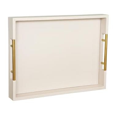 Imagem de HofferRuffer Bandeja de servir de couro sintético com alças de metal dourado, organizador de bandeja decorativa elegante para mesa de centro, otomano, decoração de casa e servir (branco creme, 41 x 31