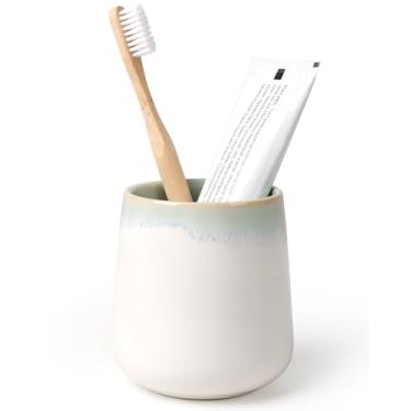 Imagem de BosilunLife Suporte de escova de dentes de banheiro - Suporte de copo de escova de dentes de cerâmica 368 g Suporte de escova de dentes branco e azul-verde para escova de dentes de banheiro suporte de
