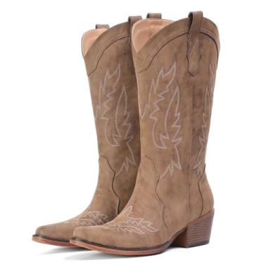 Imagem de IUV Botas caubói femininas de salto grosso, cano médio, cowgirl com bico fino, Marrom, 43