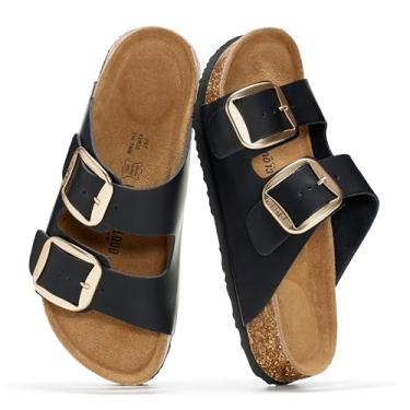 Imagem de Project Cloud Sandálias rasteiras femininas de couro genuíno 2026 confortáveis essenciais de praia femininas com espuma viscoelástica para férias essenciais para calçados femininos (Santorini), Preto