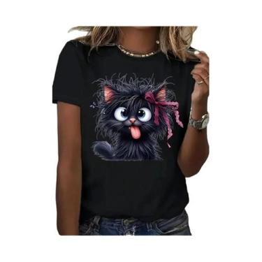 Imagem de Camiseta Feminina Divertida Com Estampa De Gato Frito, Laço E Borbolet