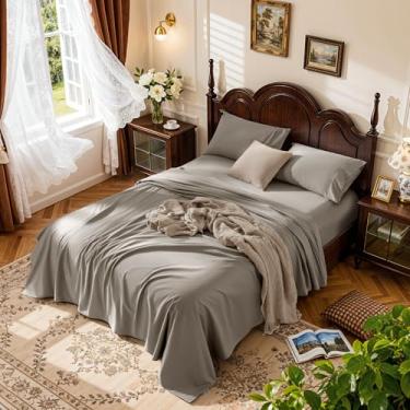 Imagem de LBRO2M Jogo de lençol 100% algodão com bolso profundo 48 cm, 1000 fios, tamanho casal, 4 peças, roupa de cama macia e confortável para todas as estações (Casal, Castanho-acinzentado)