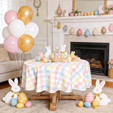 Imagem de Toalha de mesa de Páscoa 152 x 152 cm, estampa xadrez pastel com flores de primavera, toalha de mesa redonda leve e resistente a rugas para jantar de Páscoa