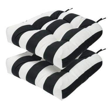 Imagem de FUNHOME Conjunto de almofadas de cadeira de ambiente externo de 5,48 x 48,8 cm, almofadas de assento de pátio adornadas à prova d'água com laços, reversíveis, para todos os climas, almofada de vime de