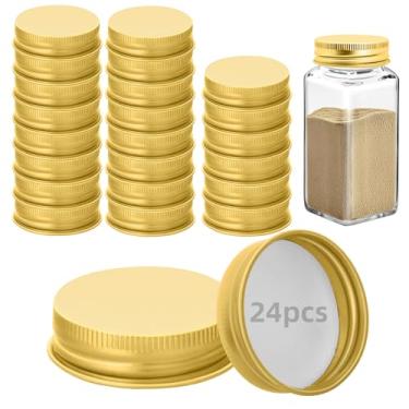 Imagem de 24 tampas de potes de ferro para potes quadrados de 113 g e 170 g reutilizáveis latas herméticas de armazenamento de especiarias para cozinha de vedação agradável (dourada)