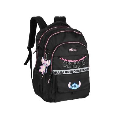 Imagem de Mochila de Costas G Stitch Disney Luxcel | Preto Pink | Ohana | Chaveiro Angel