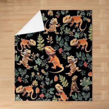 Imagem de Cobertor de flanela infantil com dragão barbudo, lagarto de desenho animado, réptil, animal, cobertor para meninas e meninos, flores e folhas botânicas, cobertor felpudo exclusivo, tamanho Queen (224