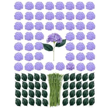 Imagem de YFLIUBAI Pacote com 50 flores artificiais de hortênsia roxa com folhas, cabeças de flores de seda de 15 cm, conjunto de decoração de casamento DIY para o Dia das Mães com 100 folhas, 50 hastes