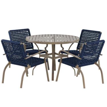 Imagem de Kit 4 Cadeiras Corda Náutica E Mesa Tampo Ripado Varanda Azul Marinho