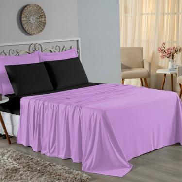 Imagem de Jogo De Cama Queen Nobre 4 Peças Lençol Com Elástico De 30cm De Altura Malha 100% Algodão - Lilás / Preto