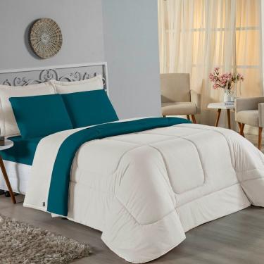 Imagem de Kit Edredom Dupla Face + Jogo De Lençol King Nobre 6 Peças Malha 100% Algodão - Palha / Petróleo