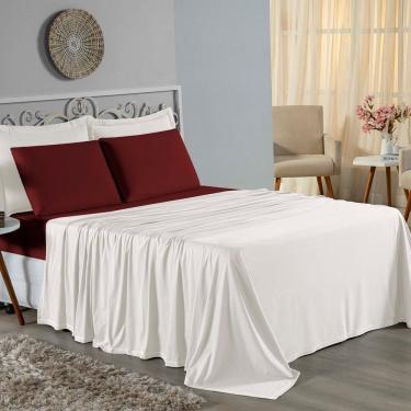 Imagem de Jogo De Cama Solteiro Nobre 3 Peças Lençol Com Elástico De 30cm De Altura Malha 100% Algodão - Palha / Vinho
