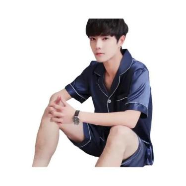 Imagem de Pijama Masculino De Verão Tamanho Grande Em Seda Gelada, Manga Curta, 