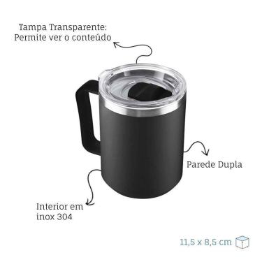 Imagem de Caneca Térmica Café 450ml Com Tampa Aço Inox Parede Dupla Preto