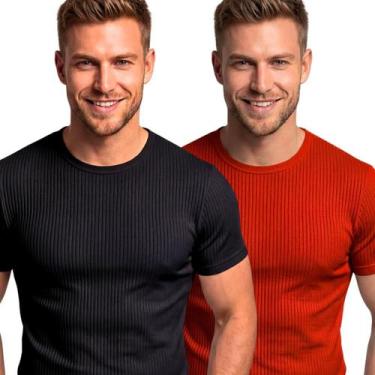 Imagem de Kit 2 Camisetas Masculinas Caneladas Slim Fit Manga Curta Academia Tre