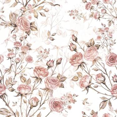 Imagem de FANCYEASY Papel de parede rosa floral rosa cola e descascar papel de parede rosa vintage descascar e colar papel de parede autoadesivo removível flor mural floral contato papel para armários rolos de