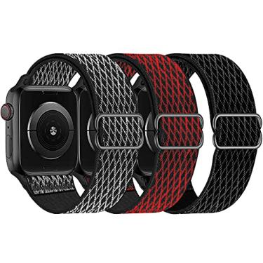 Imagem de Swhatty Pulseiras de nylon elástico compatíveis com Apple Watch séries 3/44 mm/45 mm/46 mm/49 mm, elástica esportiva trançada ajustável para Apple Watch Series 10-1 SE Ultra 1 2, pacote com 3