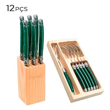 Imagem de Conjunto Cepo de Facas e Garfo de Aço Inox Laguiole Verde 12PÇS