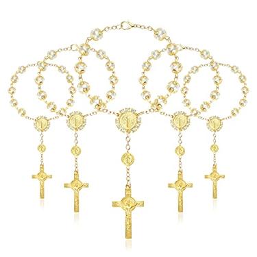 Imagem de LEMESO 20 peças de mini rosário banhado a ouro, pérolas falsas de cor marfim e pulseira com padrão de Jesus, ótimo para batizado/chá de bebê/casamento/presente Bautizo Recuerdos, 20 Count (Pack of 1), Acrílico Metal