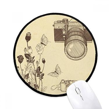 Imagem de DIYthinker Mouse pad para câmera rosa borboleta estilo agradável desktop escritório tapete redondo para computador